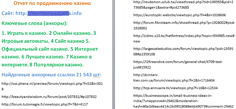 Отчет по продвижению казино